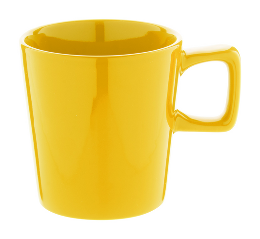 Tasse-gelb-Griff-eckig-mit-Logo-bedrucken