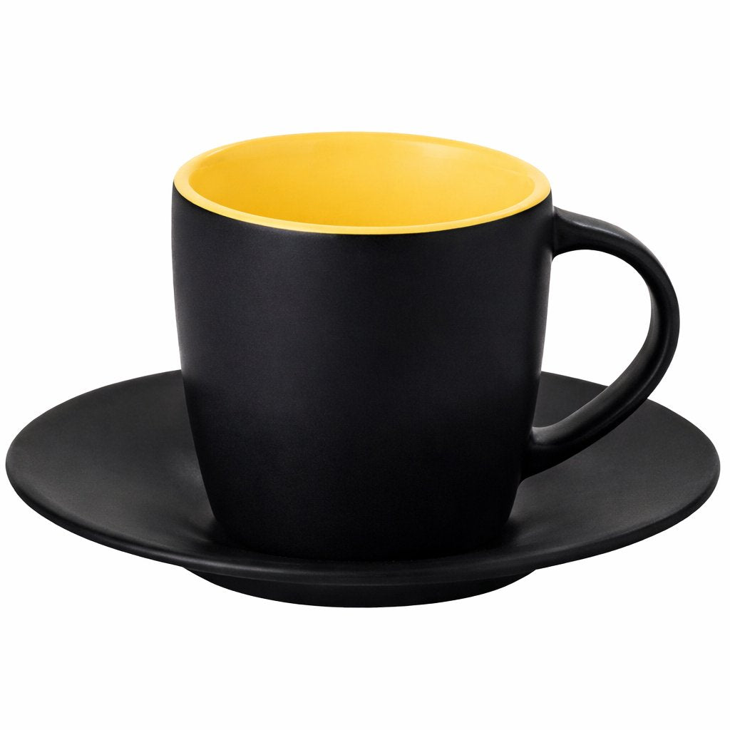matte-schwarze-tasse-mit-untertasse-unterteller-bedrucken-innen-gelb